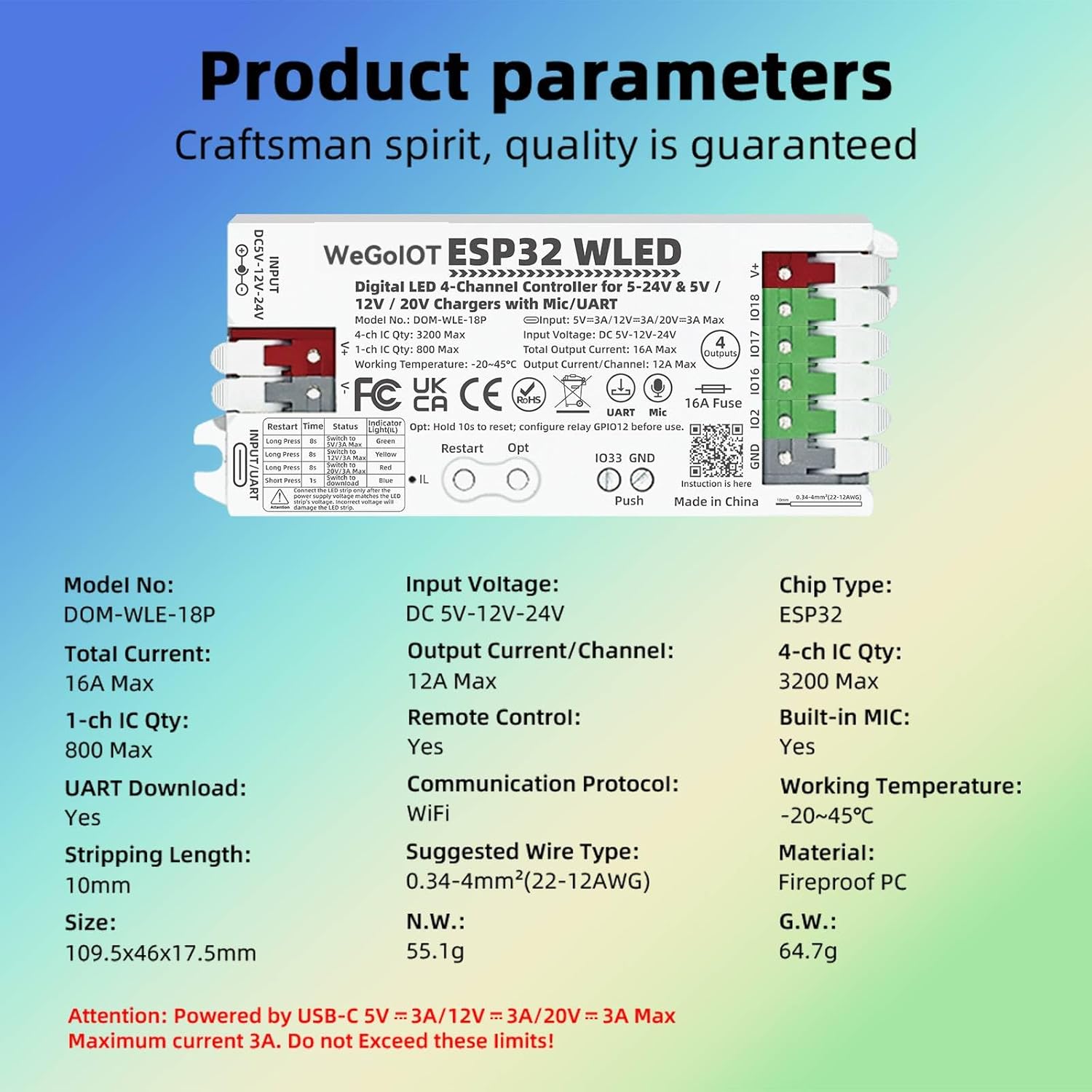 ESP32 WLED Controller with 16A Fuse for 5V-24V LED Strip Dynamic RGB IC DIY Port 4 Channel WiFi Controller App Control Easy Wiring FCOB Addressable Strip Light (DOM-WLE-18P with Mic/UART)