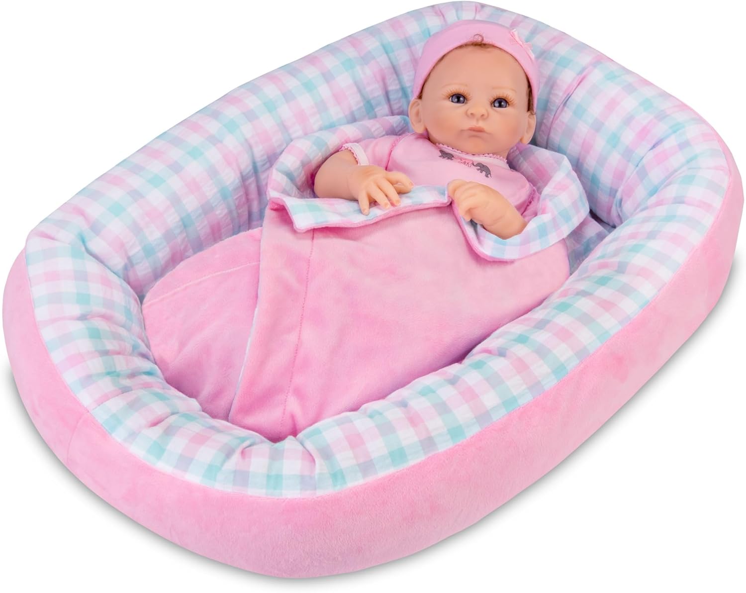 The Ashton-Drake Galleries Reversible Pink & Plaid Bassinet Baby Doll Accessory with A Matching Blanket