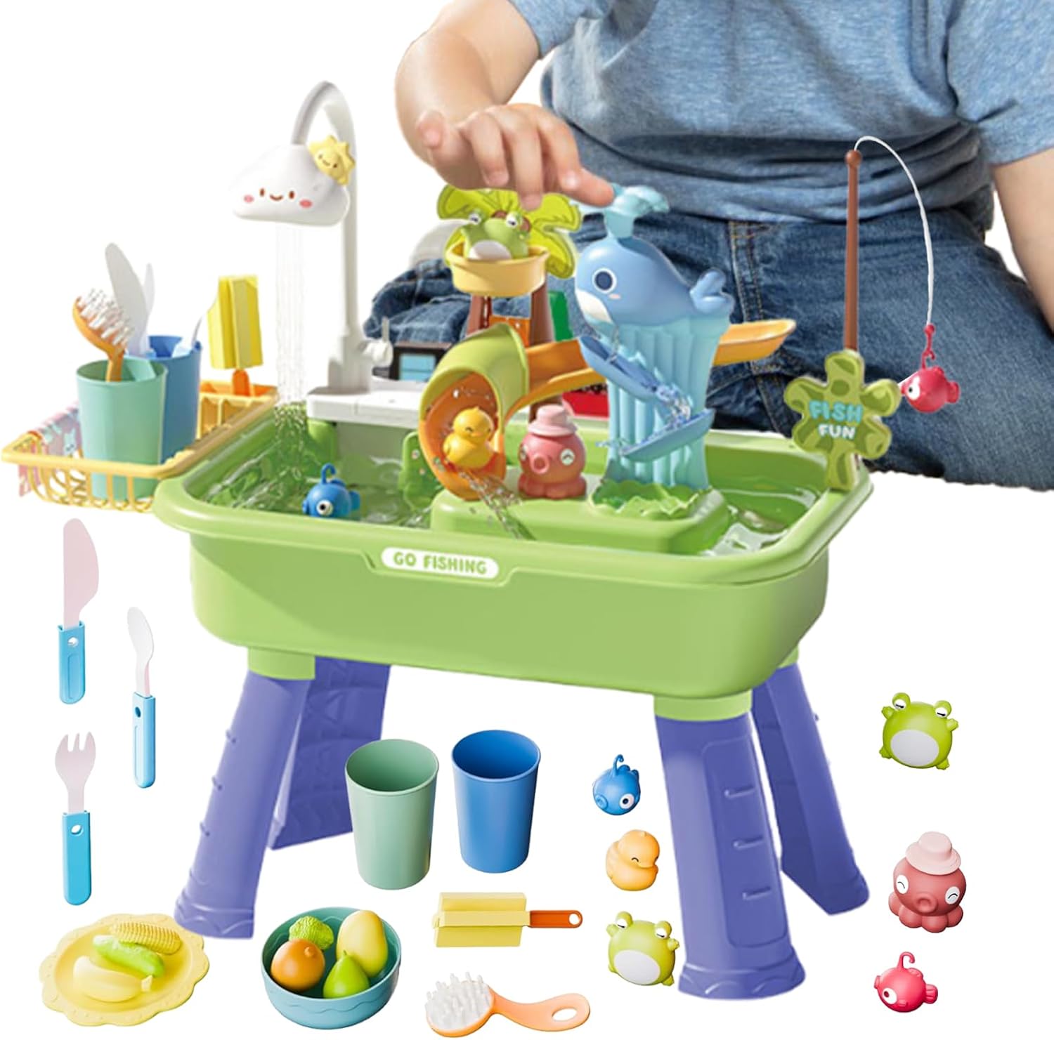 Genérico Water Activity Table | Sensory Activity Game Set | 4 in 1 Children's Drinking Fountain with Running Water and Pump | for Ages 4 to 8 Years, Summer, Beach and Pool