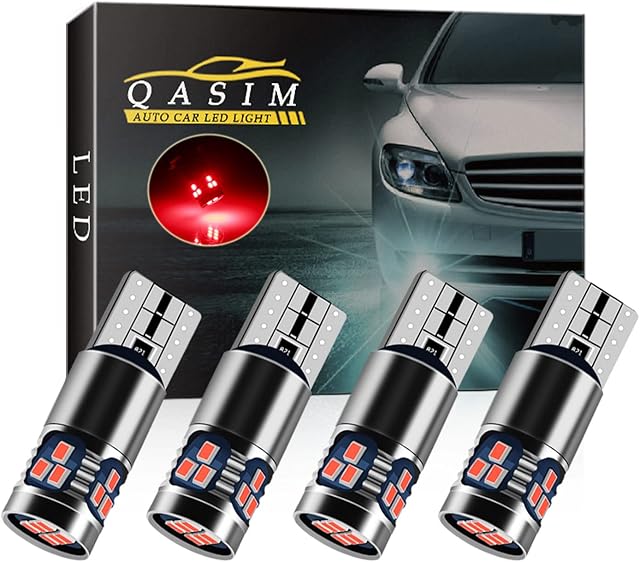 Qasim 4pcs T10 501 LED Bulbs Red W5W 194 168 Canbus No Error 2016-18SMD 450 Lumens for Car Side Lights Interior Dome Map Door Courtesy Number Plate Lights