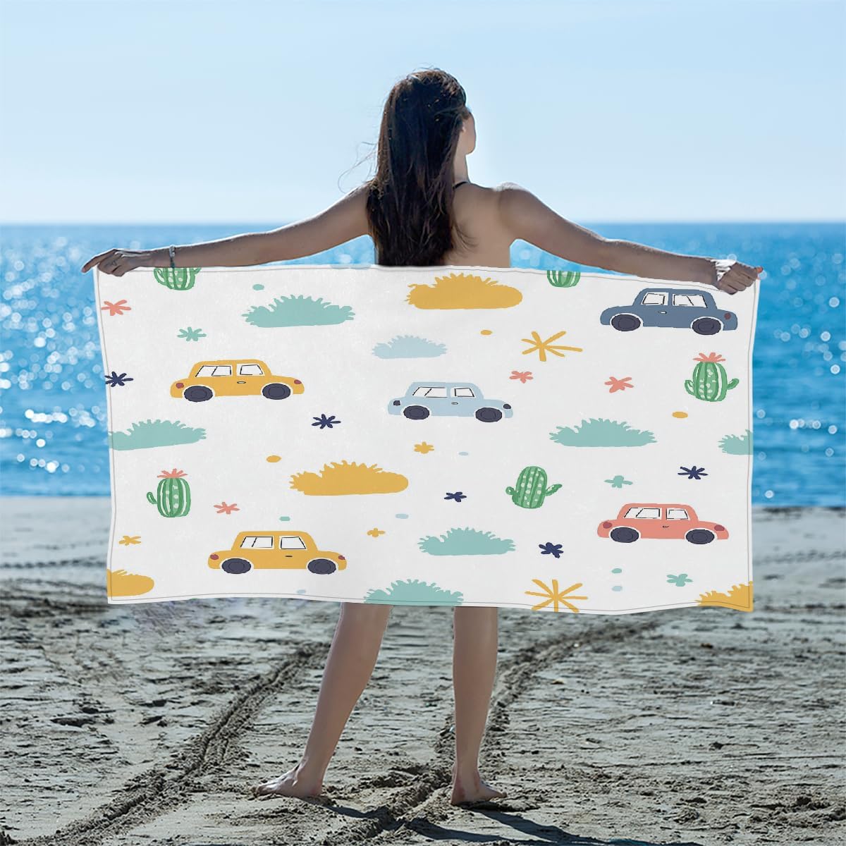 Cartoon Car Cactus Pattern Beach Towel 61"x31" – Quick Dry Microfiber Towel, Soft & Absorbent, Large Beach Blanket for Travel, Pool, Bath, Gifts for Women Men