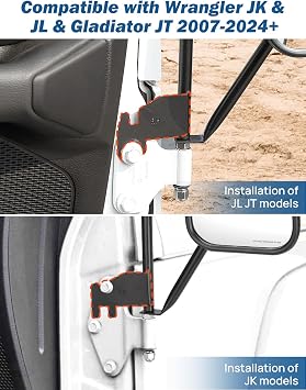 JOYTUTUS Upgraded Mirrors Doors Off for Wrangler JK JKU JL JLU & Gladiator JT 2007-2026, No Vibrate & Wobble Wide Side Mirrors, Easy-Install Doorless Mirror for Safe Doors Off Driving