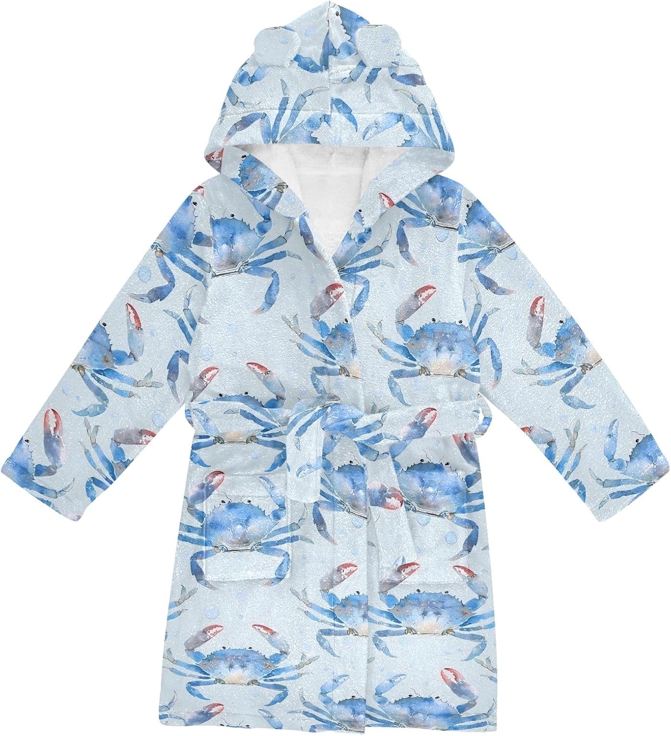 Light Blue Crabs Pattern Toddler Hooded Bathrobe for Boys Girls Soft Plush Bath Towel Robe 2-12 Years