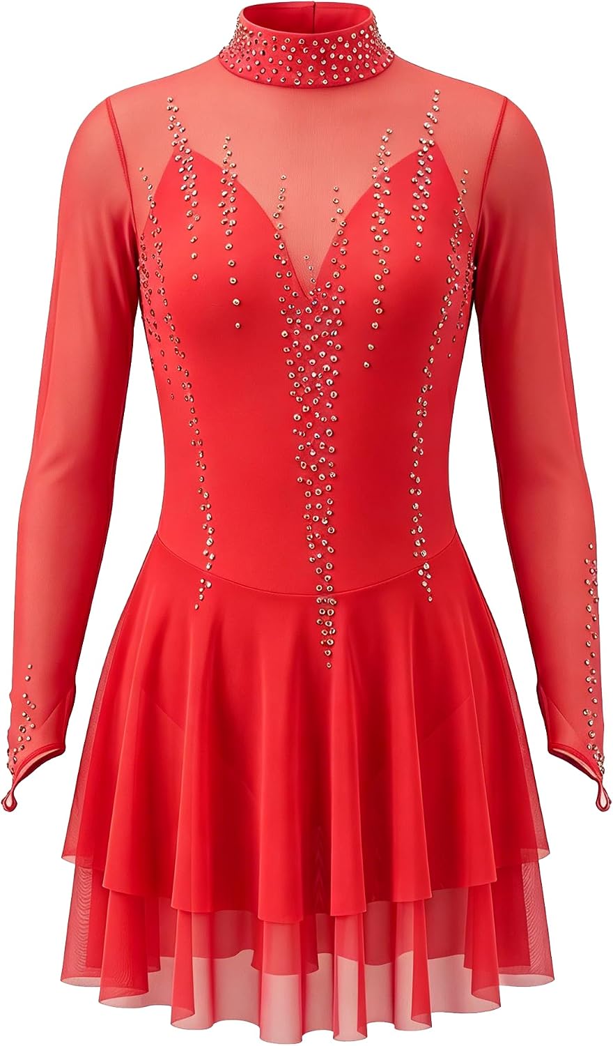 Long Sleeve Figure Skating Dress Custom Size Polyester Performance Costume Competition Outfit for Girls Women