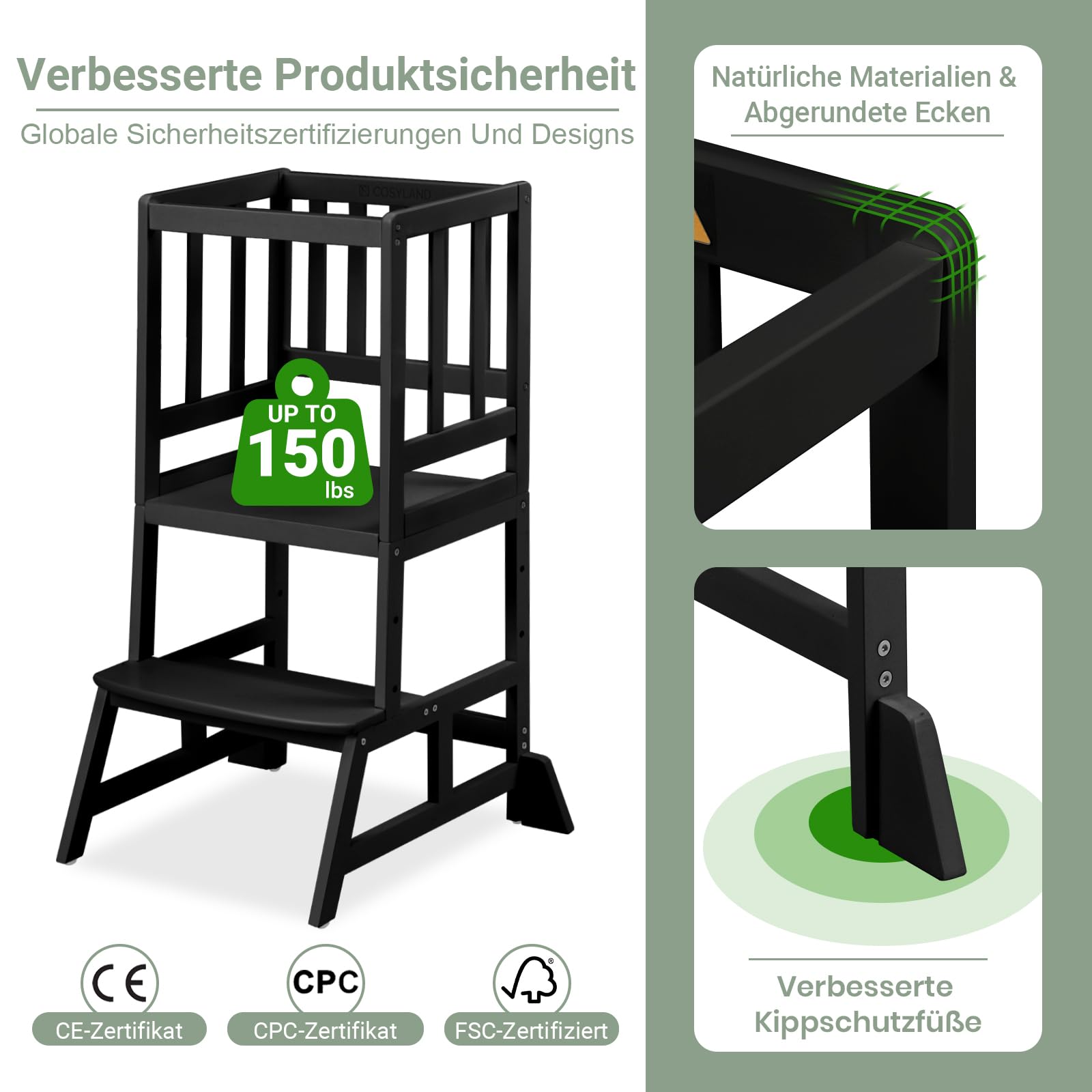 COSYLAND Montessori Lernturm ab 1 Jahr – Höhenverstellbarer Kinder Lernturm & Learning Tower für Küche, sicherer Montessori Tower mit 2 Stufen, Kippschutz & rutschfesten Matten, Klassisch Schwarz