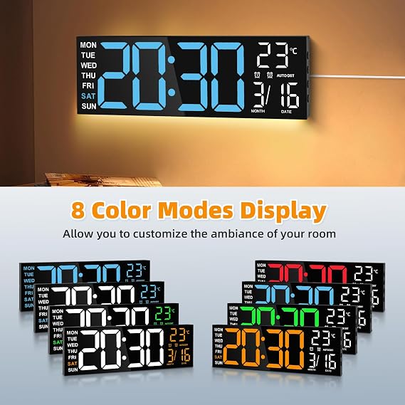 Maxstar Large Digital Wall Clock with RGB Led Display & Remote Control, Loud Dual Alarms, Auto-DST, Temperature,Date,Night Light for Bedroom/Office/Living Room/Shop/Gym/Game Room