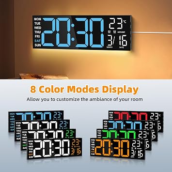 Maxstar Large Digital Wall Clock with RGB Led Display & Remote Control, Loud Dual Alarms, Auto-DST, Temperature,Date,Night Light for Bedroom/Office/Living Room/Shop/Gym/Game Room