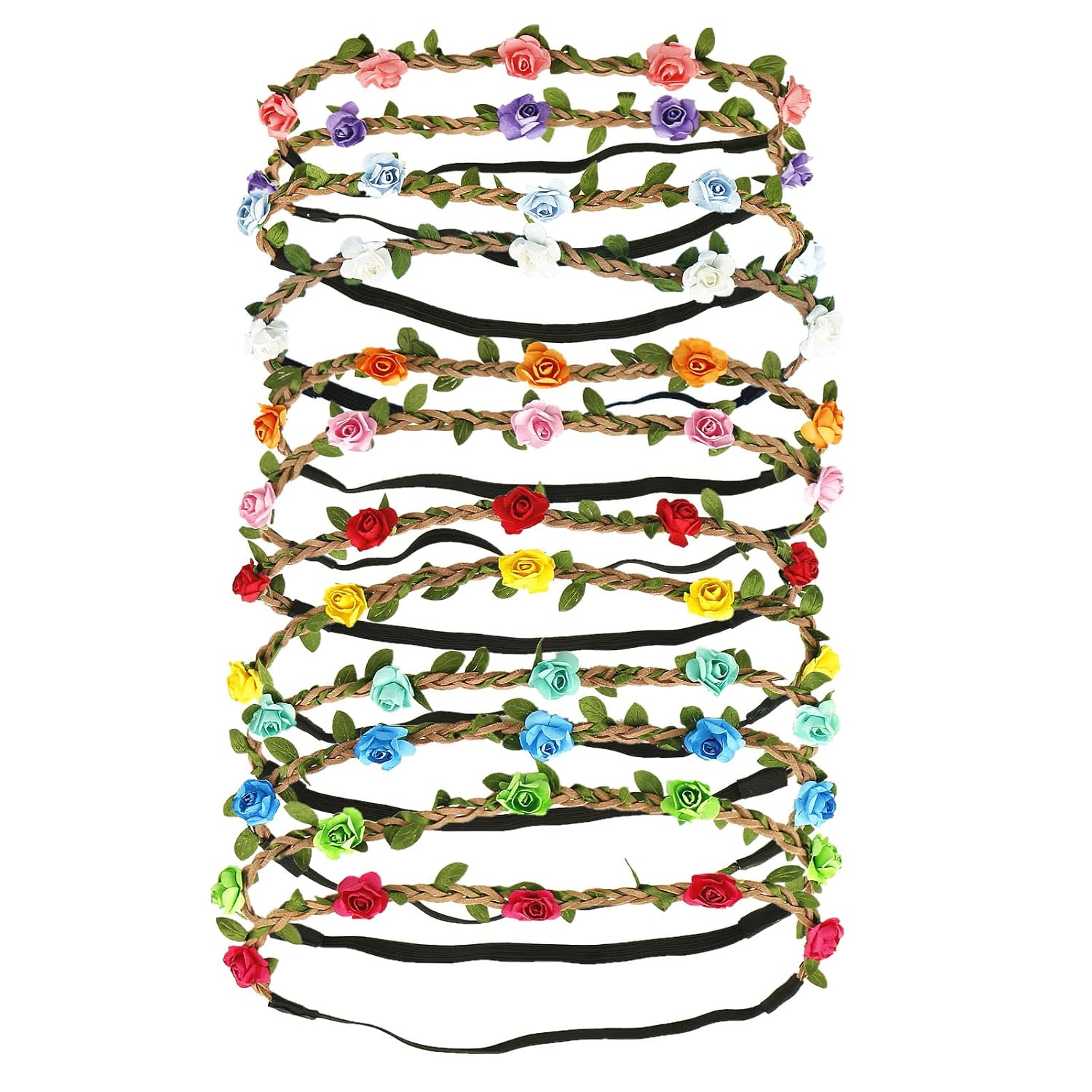 12PCS Rose Flower Headband Girl Women Bohemian Floral Crown Garland Headbands with Elastic Ribbon Hair Band Headpiece Hair Accessories