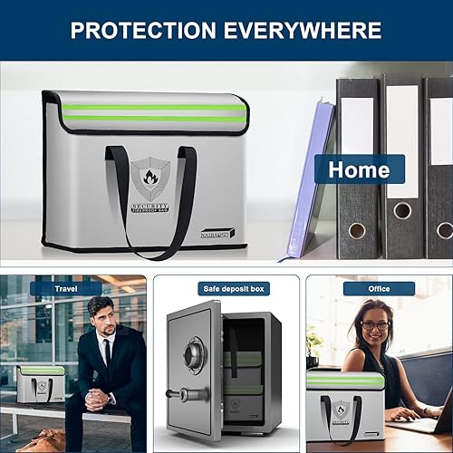 Miniatura 7 de Caja de documentos ignífuga (16 x 12 x 5 pulgadas) recubierta de silicona con correa para el hombro y cierre de cremallera, bolsa de dinero ignífuga