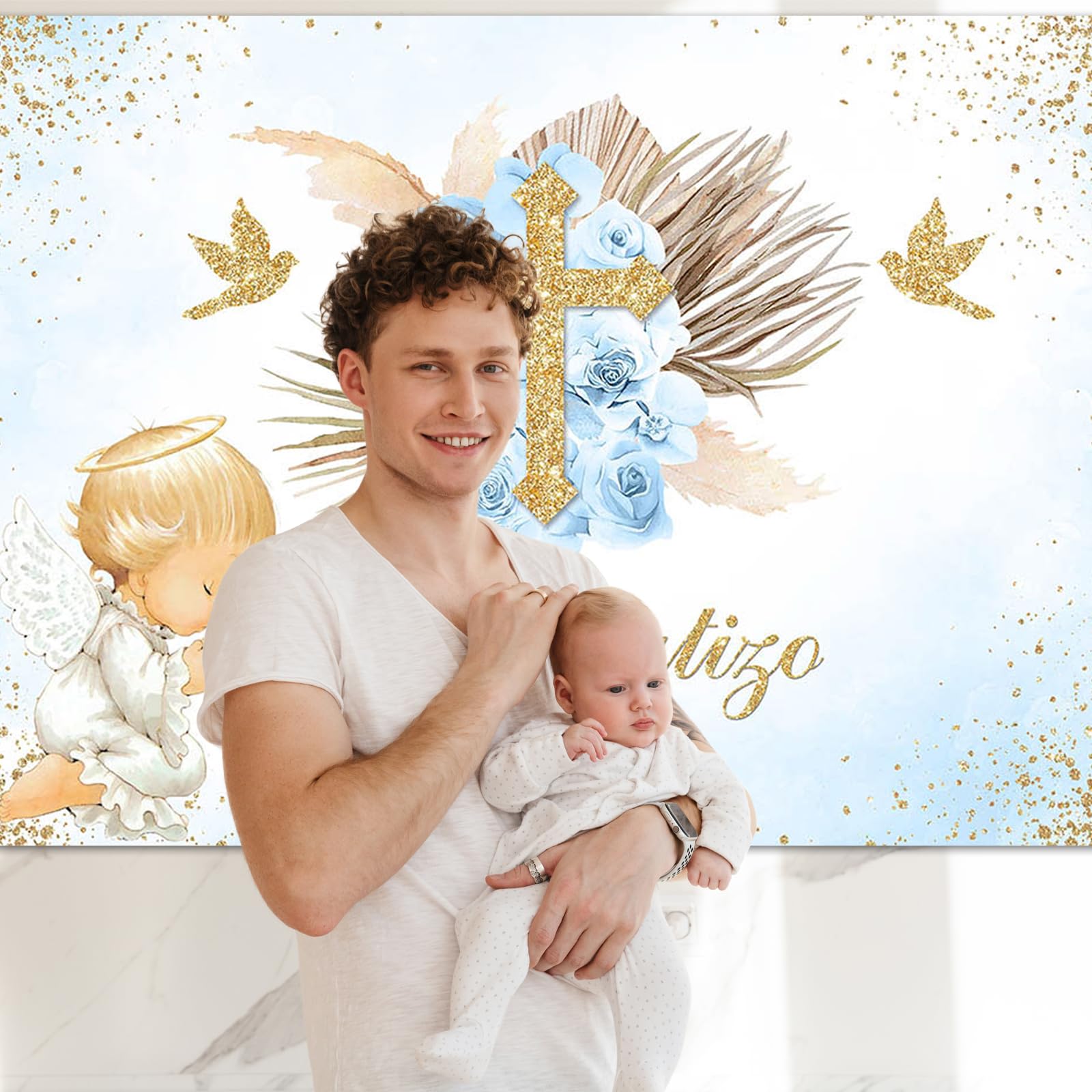 Avezano Taufe Hintergrund-Banner – 180 X 100 Cm, Mit Grünen Blättern & Engeln