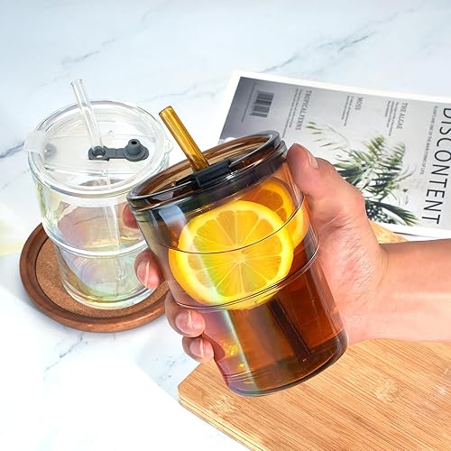 Miniatura 3 de Vaso de vidrio de 13 onzas con popote de vidrio y tapa, a prueba de fugas, reutilizable, a prueba de fugas, para café helado, té, matcha, jugo de