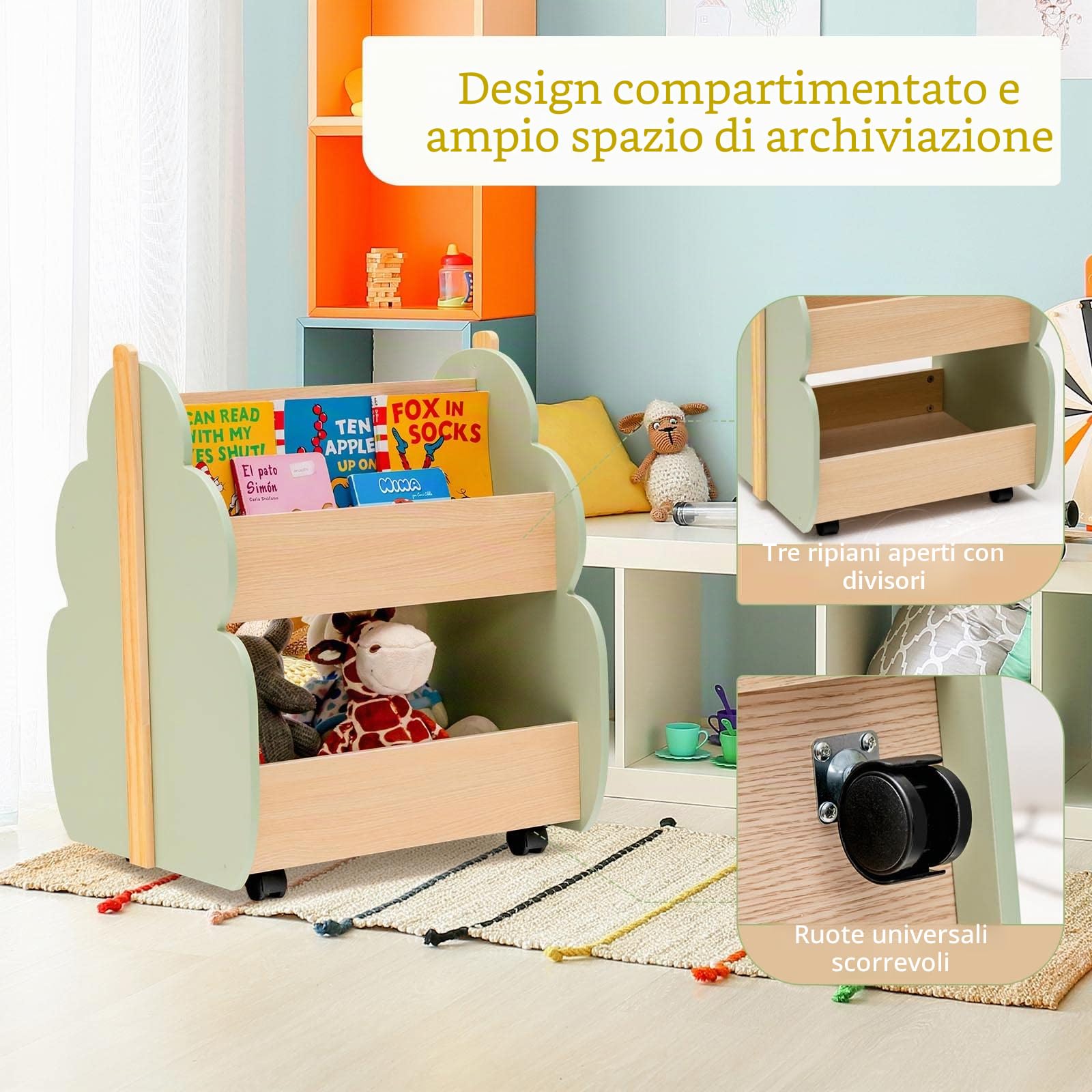 LIFEZEAL Libreria a 2 Livelli per Bambini, con 4 Ruote, 3 Scomparti, Scaffale in Legno a Forma di Albero, Contenitore di Libri e Giocattoli, per Cameretta, Verde, 52x46x62,5 cm