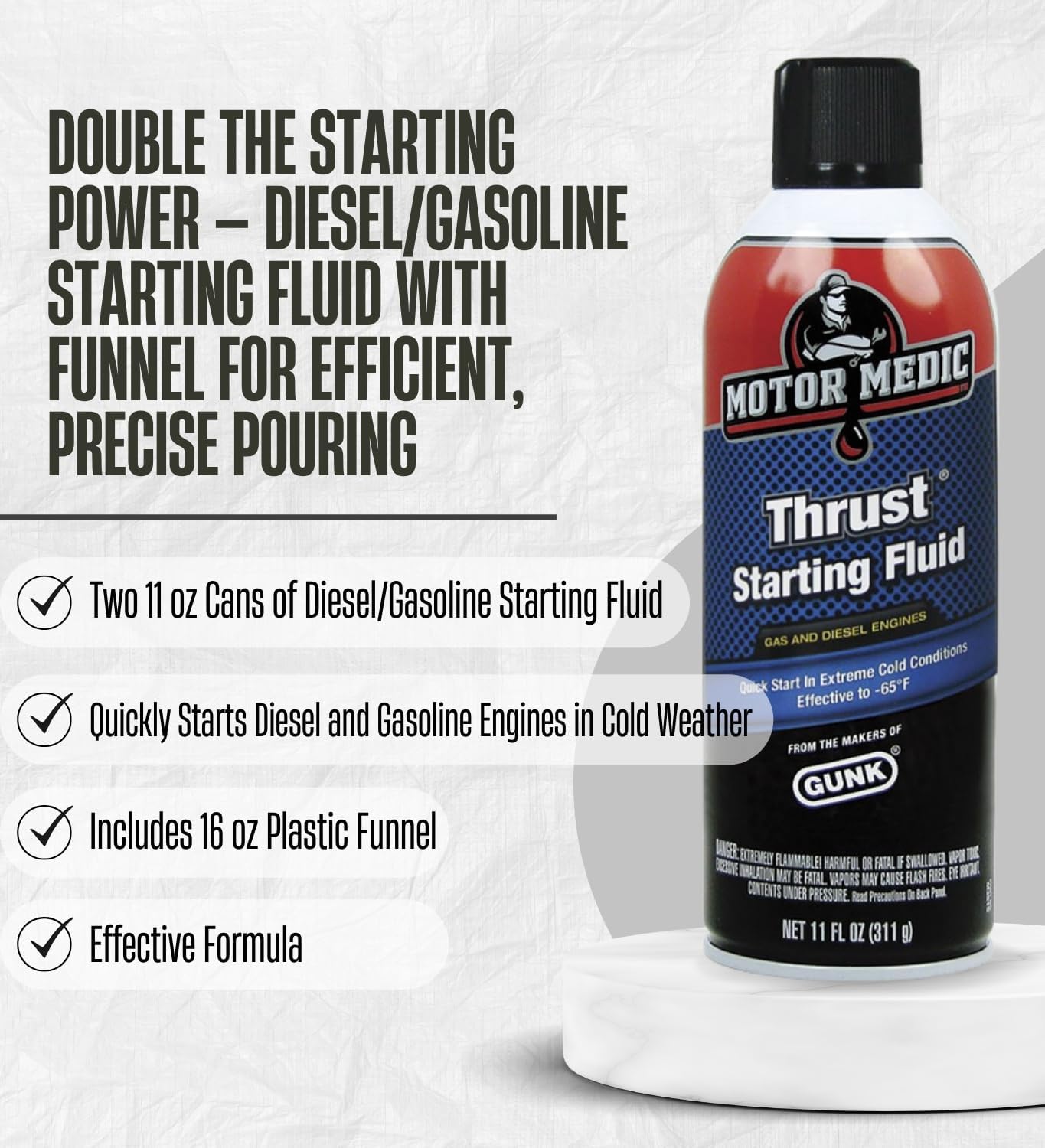 2X Starting Fluid Motor Medic Thrust Diesel/Gasoline 11 oz (2-Pack) Bundle with Plastic 16 oz Funnel – Reliable Starter Fluid for Diesel and Gasoline Engines – Gift Set (3 Items)