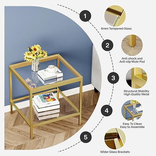 Miniatura 4 de Mesa auxiliar cuadrada de 2 niveles con parte superior de vidrio templado y marco de metal dorado, moderna mesita de noche para espacios pequeños,