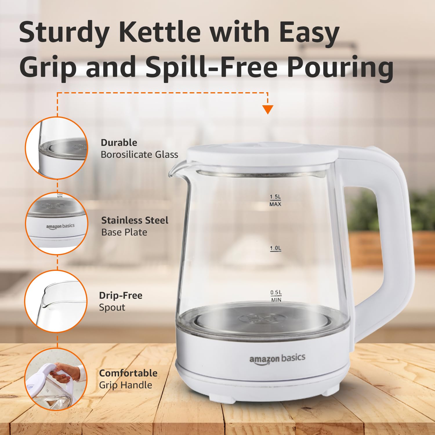 Amazon Basics 1.5 Litre Electric Glass Kettle | 1350W | 360° Swivel Base | Led Indicator | Dry Boil Protection |Auto Shut-off & Overheat Protection | Multipurpose Travel Kettle 2