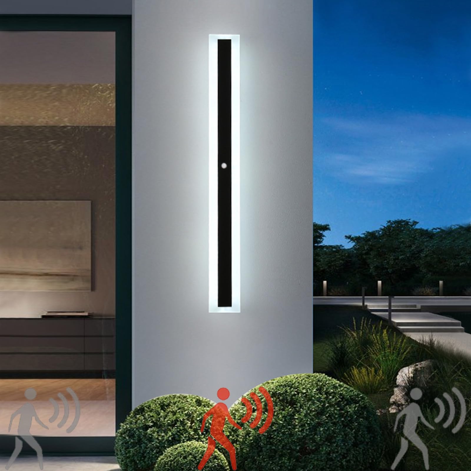 HELCEKOU Modern Black LED Outdoor Garden Wall Light with Motion Sensor Waterproof IP67 Long Sconce for Indoor and Use Warm White Porch Balcony Garage 100CM