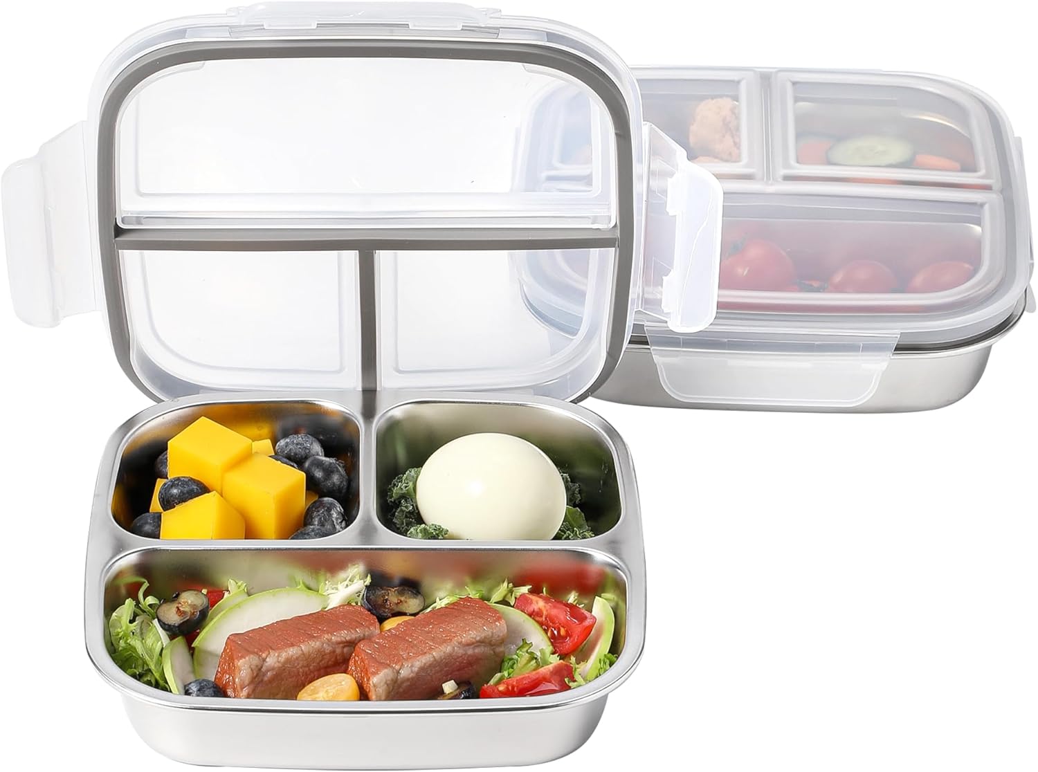 2 Pack Stainless Steel Snack Containers with Lids 3 Compartment Snackle Box Container Lunch Box for Adults Meal Prep Bento Box Containers Reusable Work (2, Gray, 600ml)