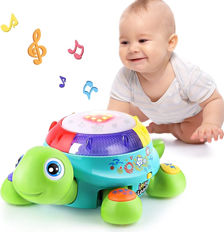 Juguete musical para gatear de tortuga bebé, bilingüe español inglés | Juguete musical en movimiento para niños con sonido ligero, regalos educativos de cumpleaños para niños pequeños, 6, 7, 8, 9, 10, 12 meses, 1-3 años