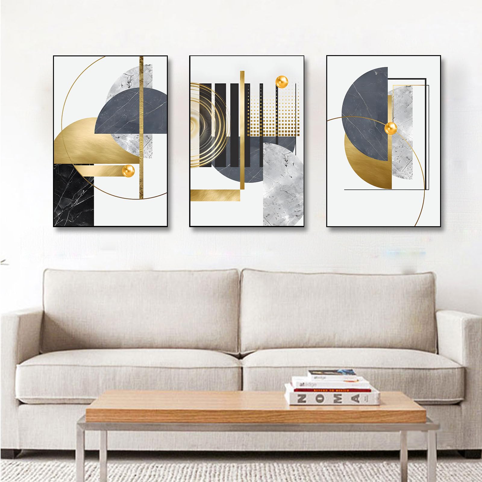 BNREDA Juego de 3 pósteres abstractos de geometría, cuadros en lienzo geométricos dorados, modernos líneas geométricas, pósteres artísticos, decoración de pared, sin marco (B, 50x70cm*3, Sin marco)