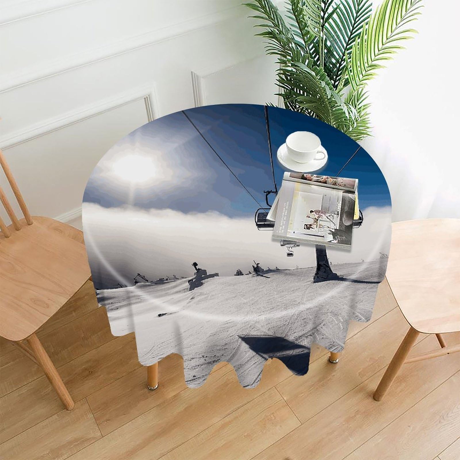 FekiLoot Ski Lift at Sunshine Round Tablecloth Cover 60 Inch Wrinkle Free Washable Polyester Fabric Table Cover Decorative Round Table Cloth for Home Dining Kitchen Party Farmhouse
