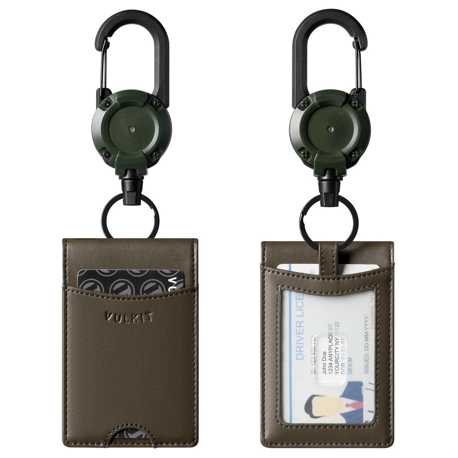 VULKIT Badge Holder Retractable Clip, Leather Bifold Double ID Card Holder, Retractable Keychain Carabiner, Holds 5 Cards, Keys Green