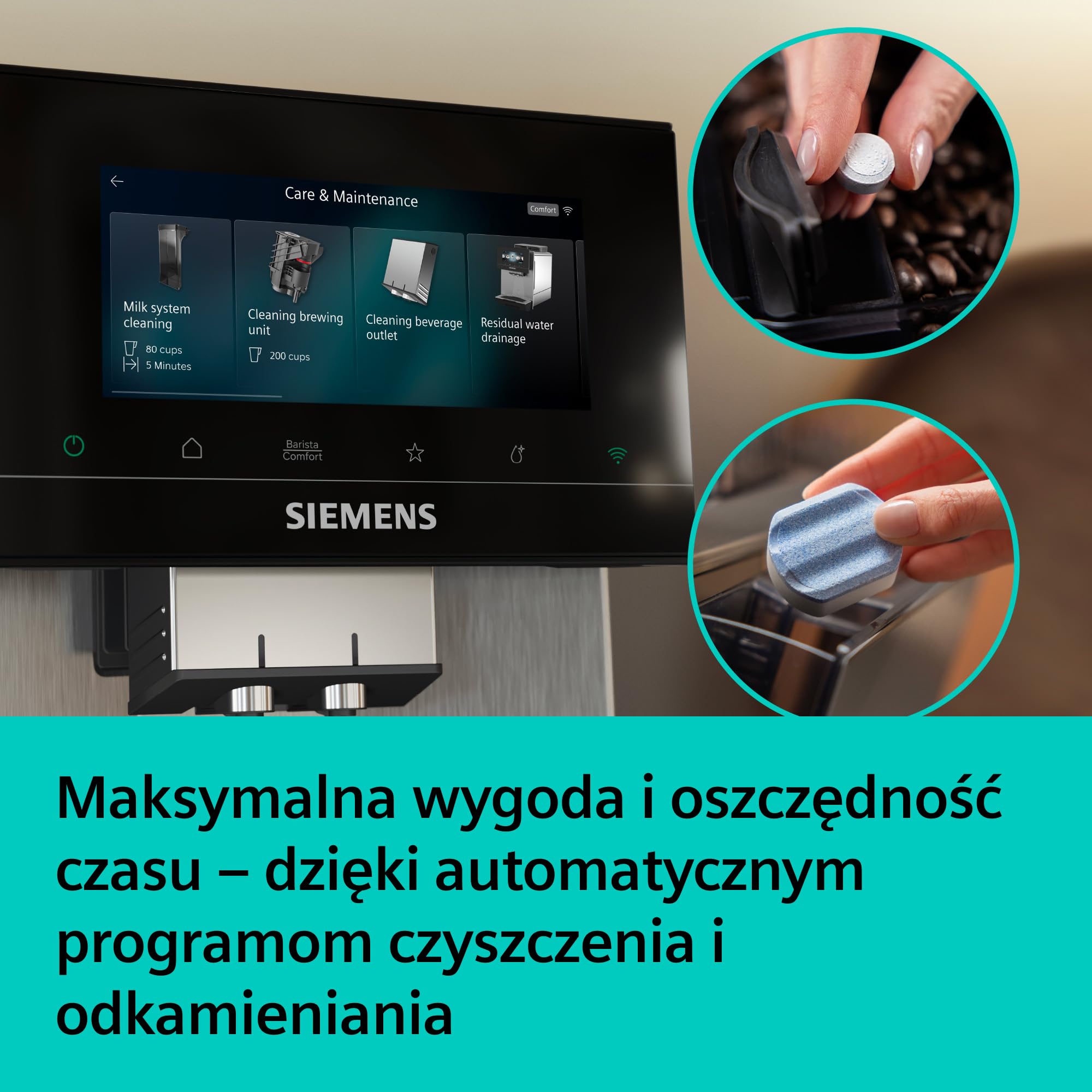 Siemens, automatyczny ekspres do espresso, EQ900 iAroma, spersonalizowane ustawienia smaku, precyzyjne mielenie, duży wyświetlacz, dwa pojemniki na ziarna, stal nierdzewna, TQ927E03