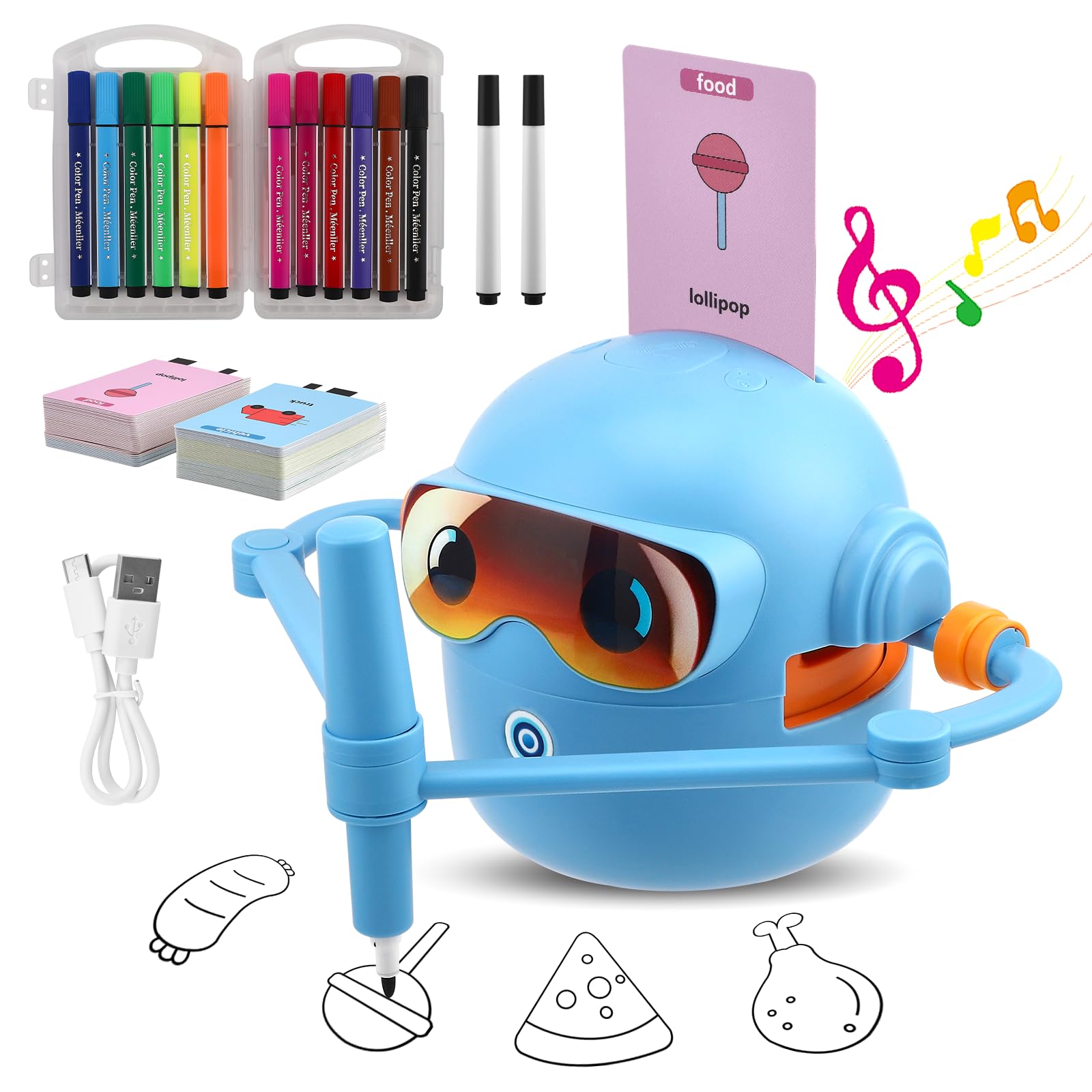 Robot da Disegno per Bambini con Guida Vocale, Giocattolo Educativo Interattivo con 100 Carte e 12 Pennarelli Colorati, Robottino Giocattolo Educativo per Precoce per Bambino Bambina dai 3 Anni(Blu)
