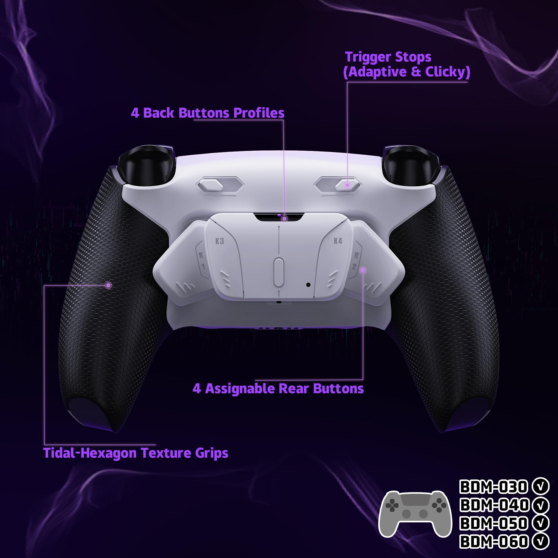 eXtremeRate RISE4 Plus MAX Remap Kit con Clicky Kit para ps5 Control BDM-030/040/050/060 Tope Gatillos & Goma Grip Carcasa Trasera & Palancas Traseras Remapeables para ps5-SIN Mando(Blanco Negro)