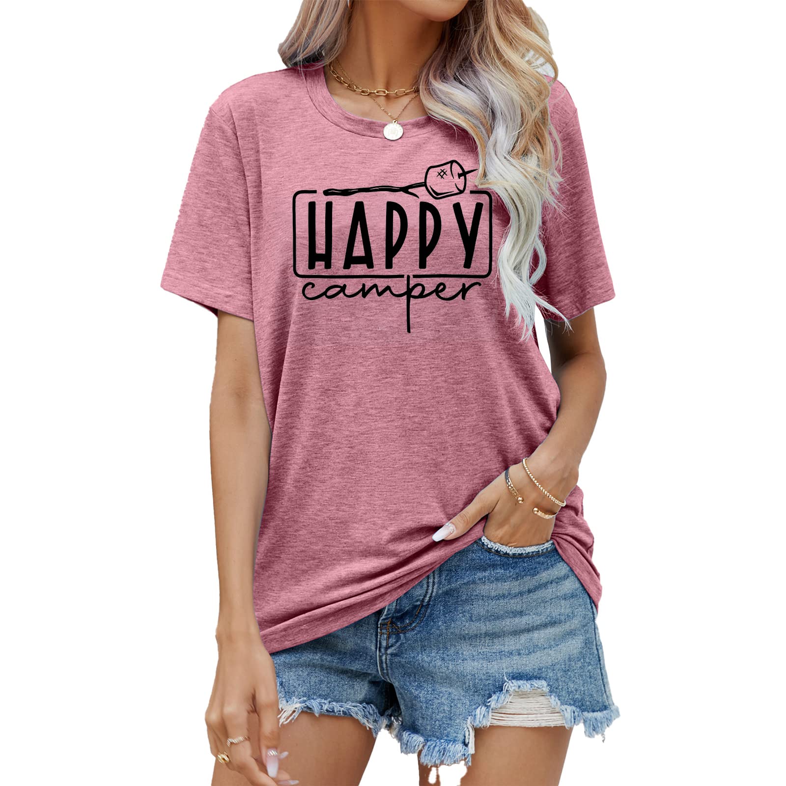 MEESHEEPHappy Camper Shirts Womens Marshmallow Graphic Shirts Camping Casual Summer Tee Tops