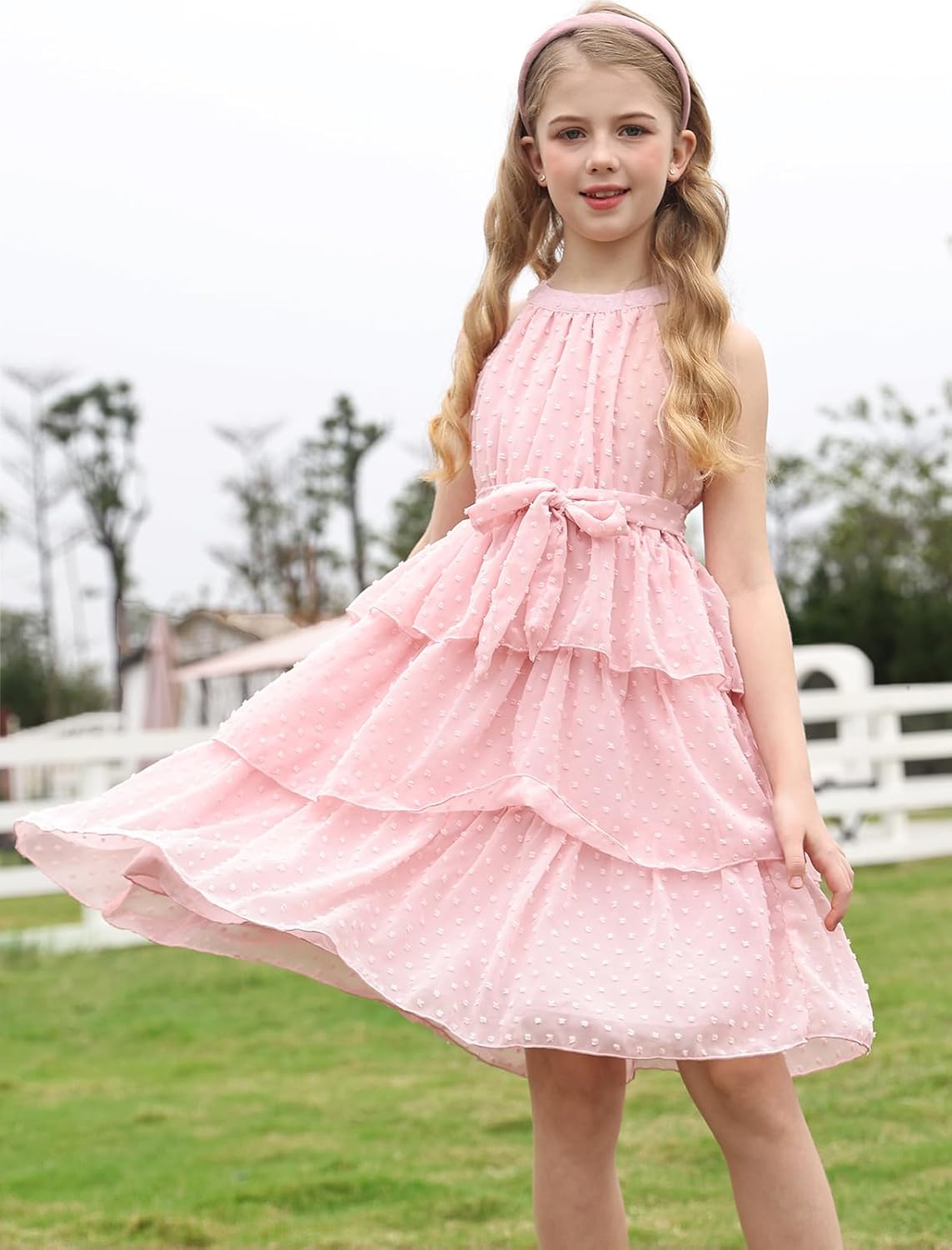 Move Dance Girls Halter Neck Dress Summer Flared A-Line Swiss Dot Chiffon Sundress 6-13 Years Old - Image 2