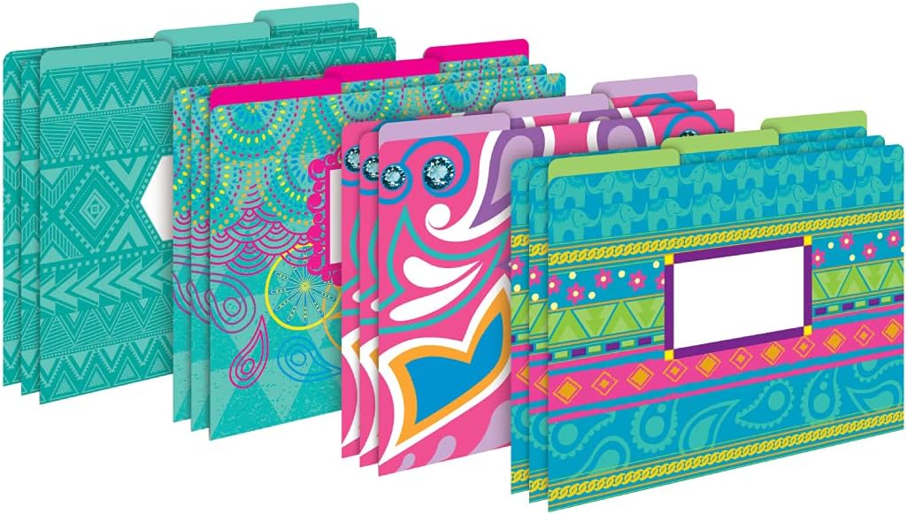 Barker Creek Designer File Folders, Bohemian, Multi-Design, Playful Patterns on Outside, Solid Colors on Inside, Letter Size, 1/3 Cut Tabs, Home, School and Office Supplies (1339), 12pt Cardstock