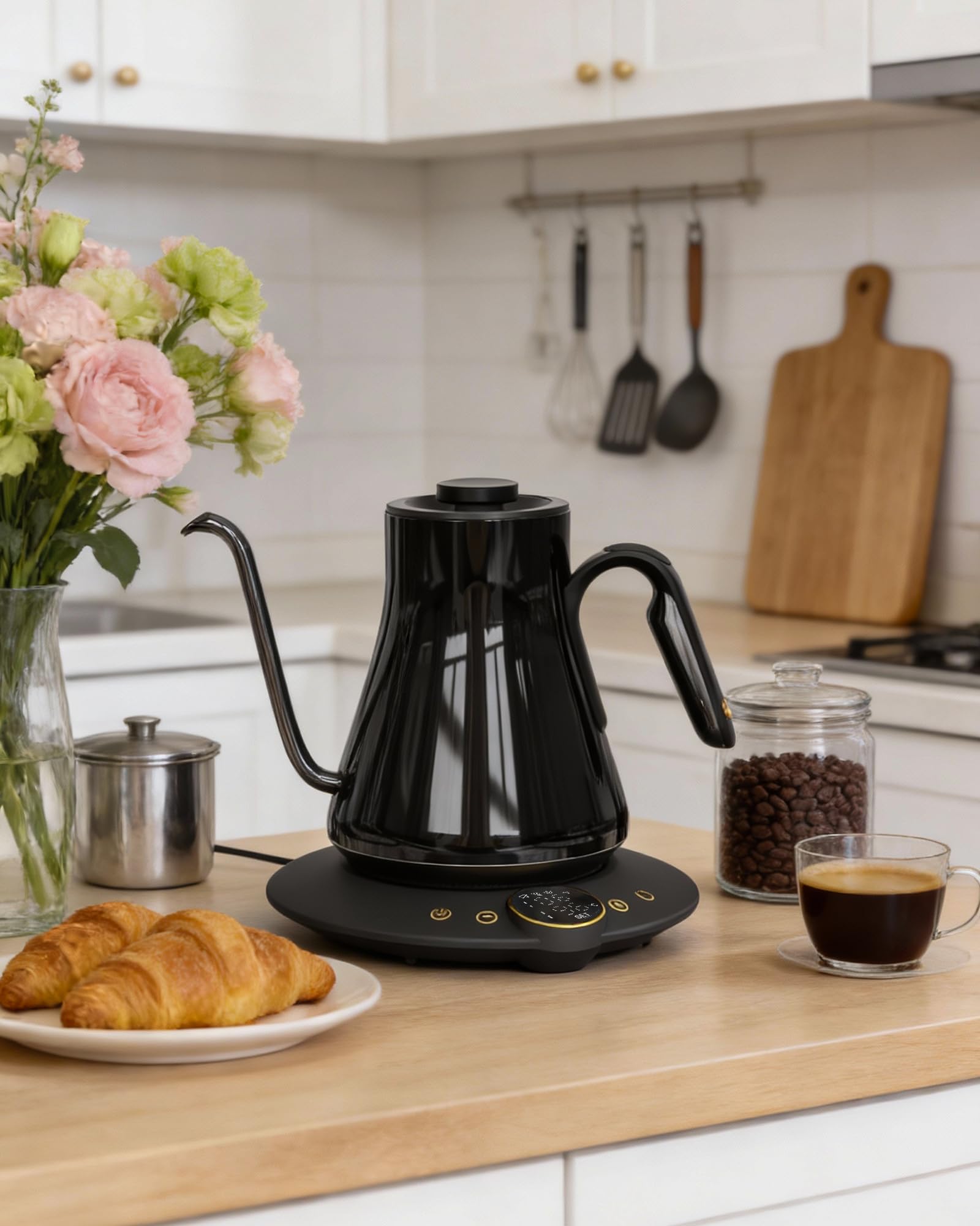 Cocinare FLOW B9 - Hervidor eléctrico de cuello de cisne con control preciso de temperatura para verter café y té, interior de acero inoxidable, calentamiento rápido para agua hirviendo, 1500 W/0.9 L