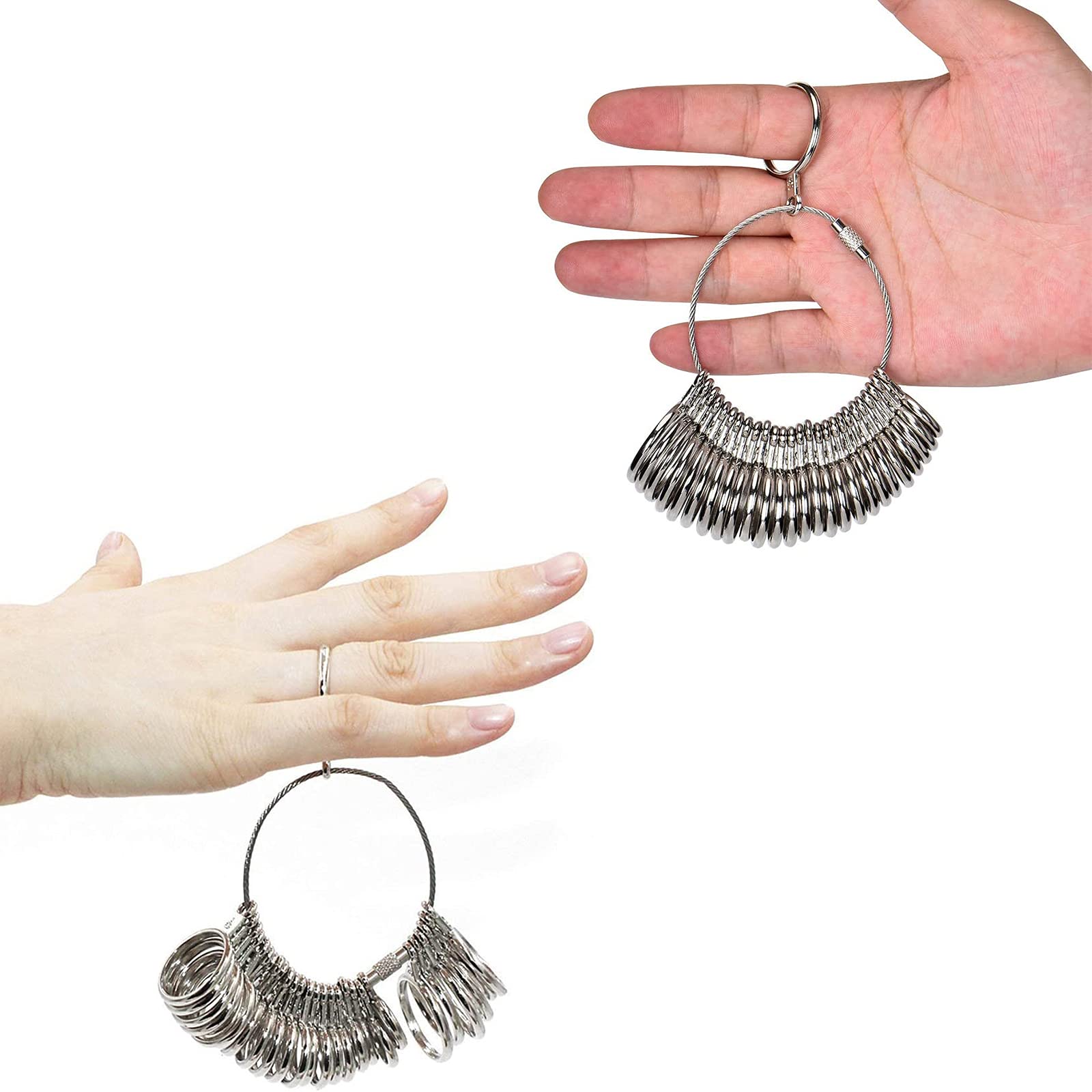 2 pièces Mesure de Taille de Doigt Set, Mesure Bague Doigt, Mandrin à anneau pour mesurer le diamètre des anneaux, taille standard Royaume-Uni, UE, États-Unis (argent)
