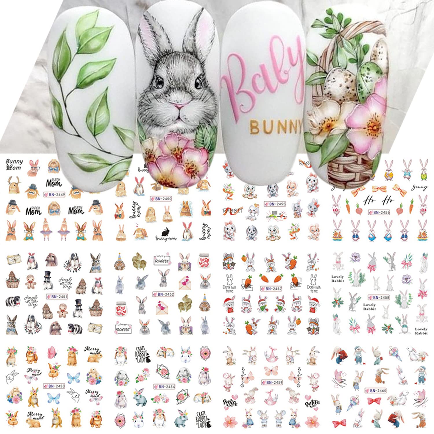 Easter Nail Art Stickers Decals Cute Nail Decals Cute Bunny Designs Water Transfer Stickers 3D Bunny Nail Supplies for Women Girls DIY Easter Day Funny Cartoon Charms Manicure Tips 12 Sheets
