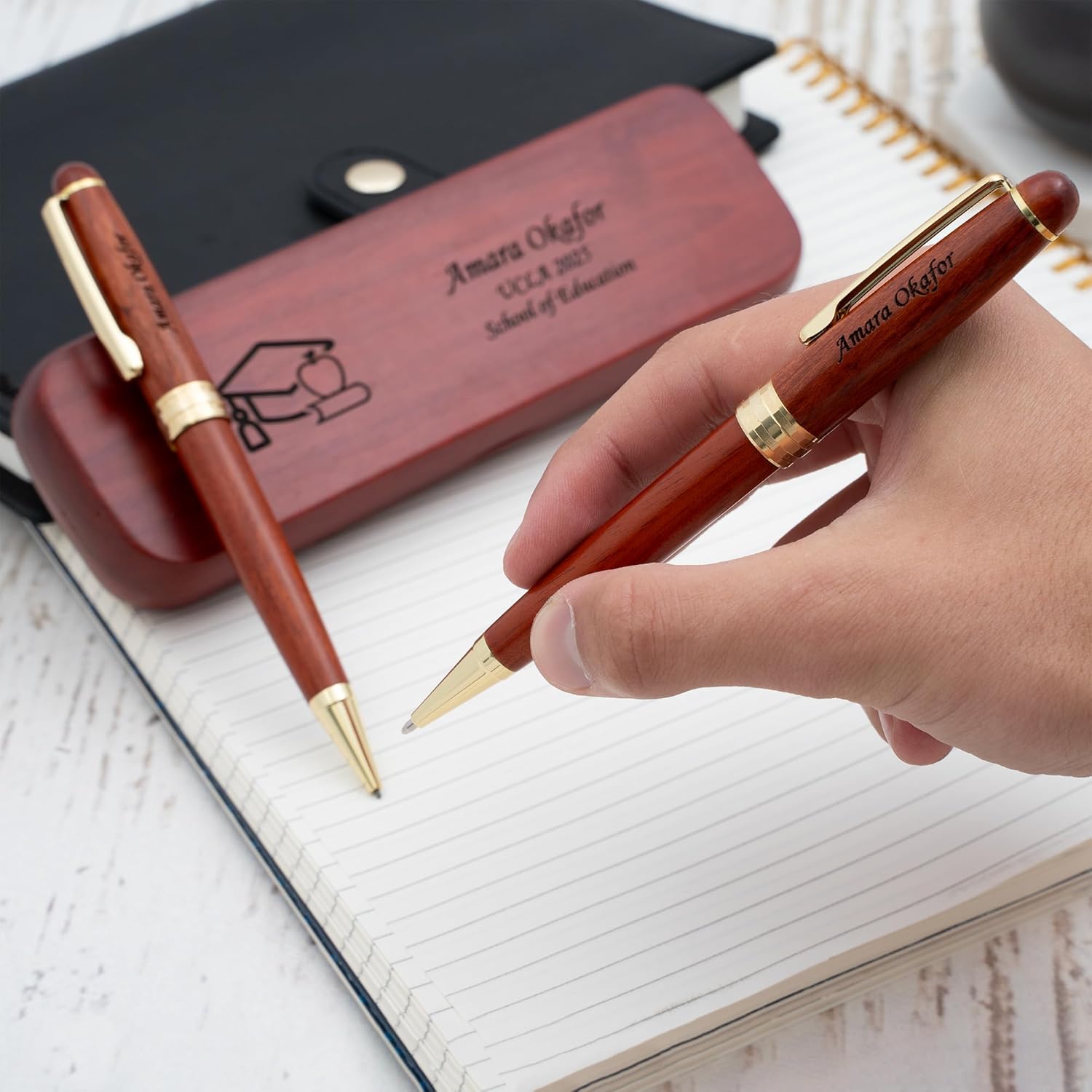 Personalized Rosewood Teacher Graduation Pen and Pencil Set, Graduation Cap and Apple Emblem, Engraved Gift for Education, Student Teaching, and New Teacher Graduation, Gift Case Included
