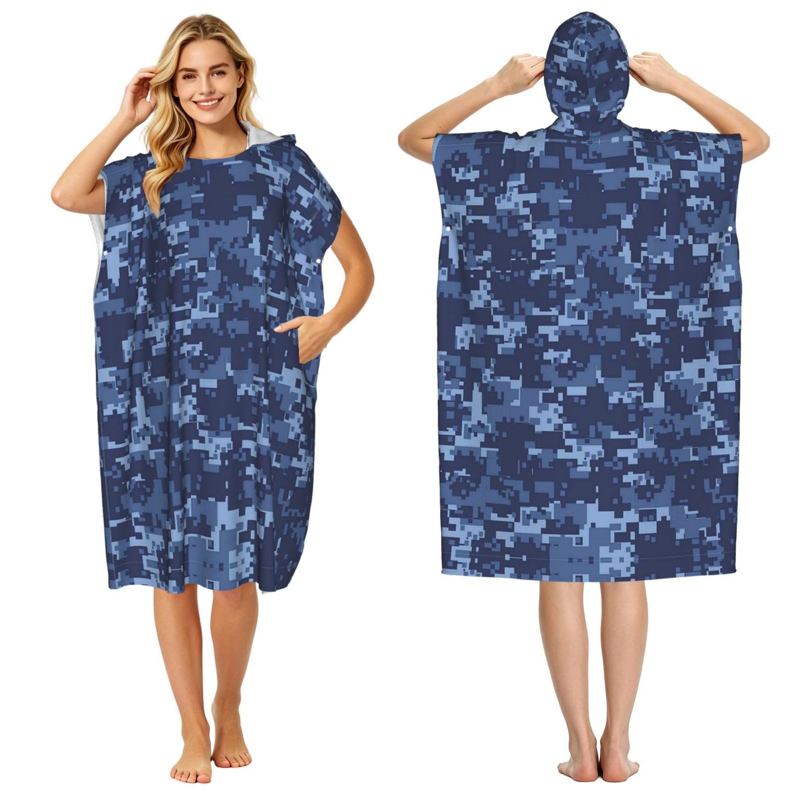 EZDLOWVBA Blue Camouflage Pattern Print Hooded Poncho Microfiber Beach Towel,Adult Women & Men Changing Robe,Lightweight Summer Surf Swim Bath Poncho Towel