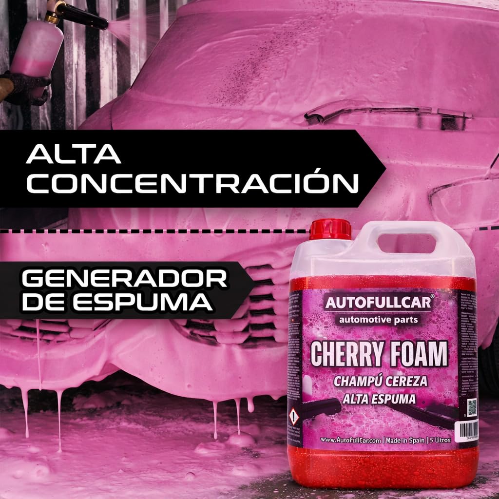 AutoFullCar Cherry Foam 5 Litros, Champu Espuma Activa Coche Rosa, Limpiador Alcalino Alta Concentracion, Lavado Carroceria, Uso con Lanza Foamer o Cubo, Encapsula Suciedad