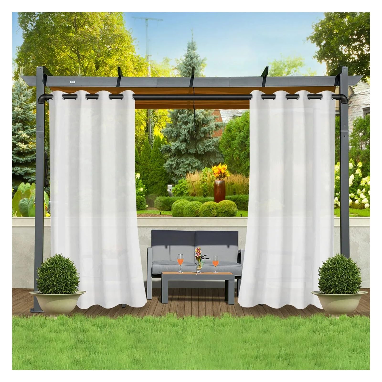 LPATEBCVU Pergola Curtains 1PC, Waterproof Outdoor Polyster Grommet Top Curtain, For Gazebo, Porch, Pergola and Patio Decoration(White,GROMMET TOP_W254 X H274)