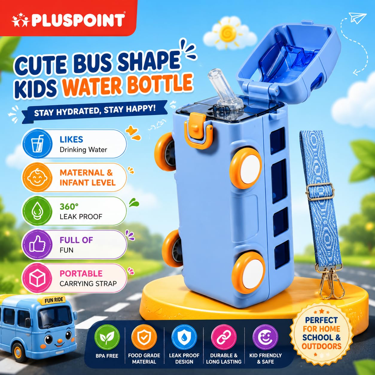 PLUSPOINT Bus Shape Water Bottle for Kids Detachable Straw with Shoulder Strap Leak-Proof Cartoon Water Bottle with Wheels (Color-Blue), Silicone, 500 ML — Amazon image 6