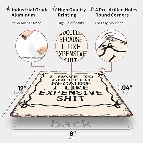 Miniatura 2 de Cartel de letreros divertidos con texto en inglés "I Have To Succeed Because I Like Expensive Shit Retro Bow Metal Wall Art for Office Dormitorio