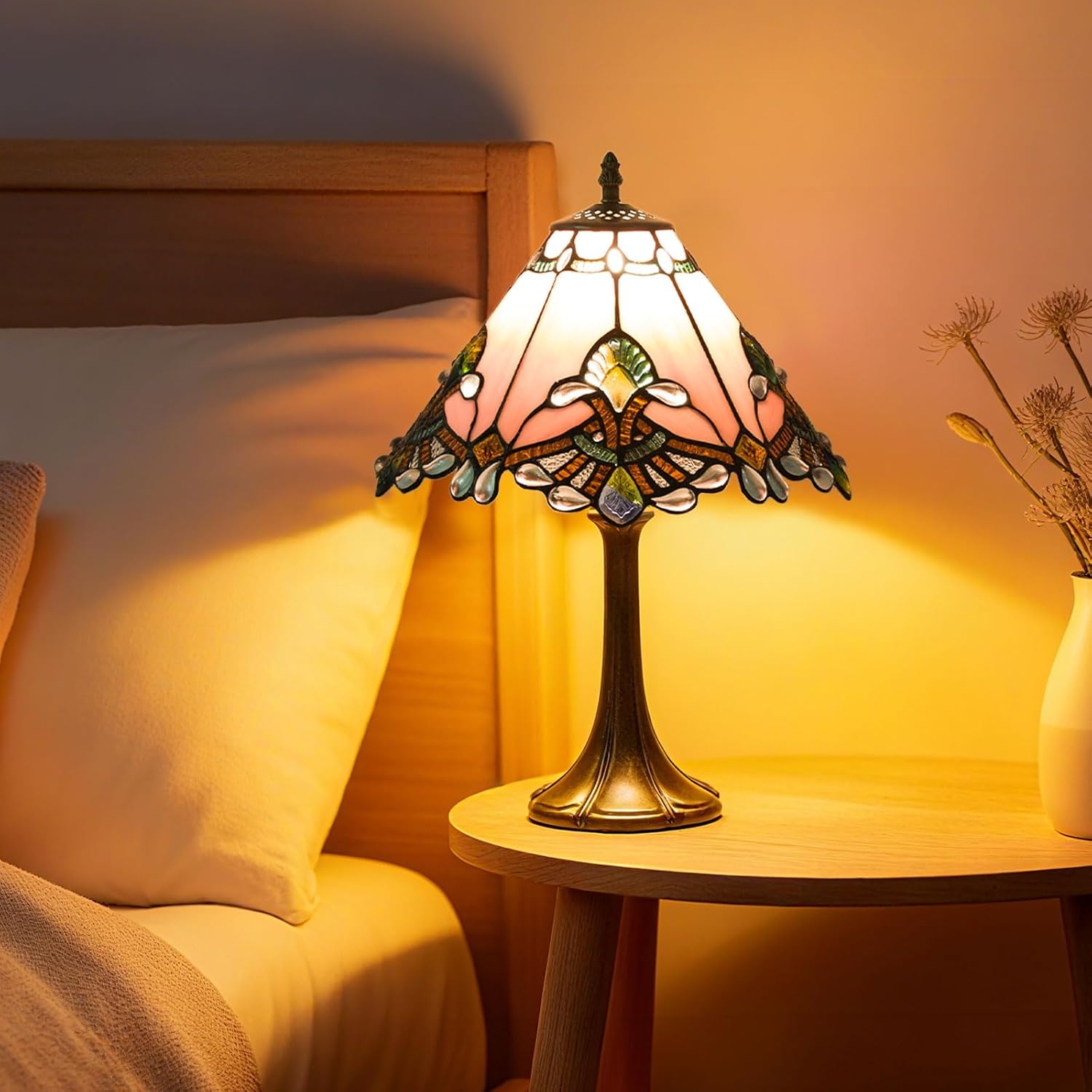 Crefotu 12 Inch Baroque Style Tiffany Table Lamp, Vintage Stained Glass Desk Lamp with Remote Control, 3 Color Temperature & Brightness Level for Office Home Bedroom Living (Pink)