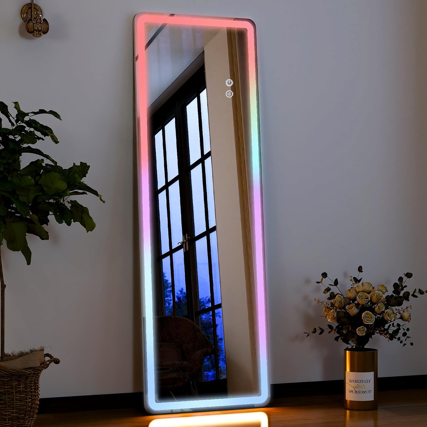 GLSLAND 60"x16" Rounded LED Full Length Mirror RGB Full Length Mirror Body Mirror with Lights Aluminum Frame LED Mirror with 7 Color Dimmable Lighting for Bedroom Living Room Bathroom,White