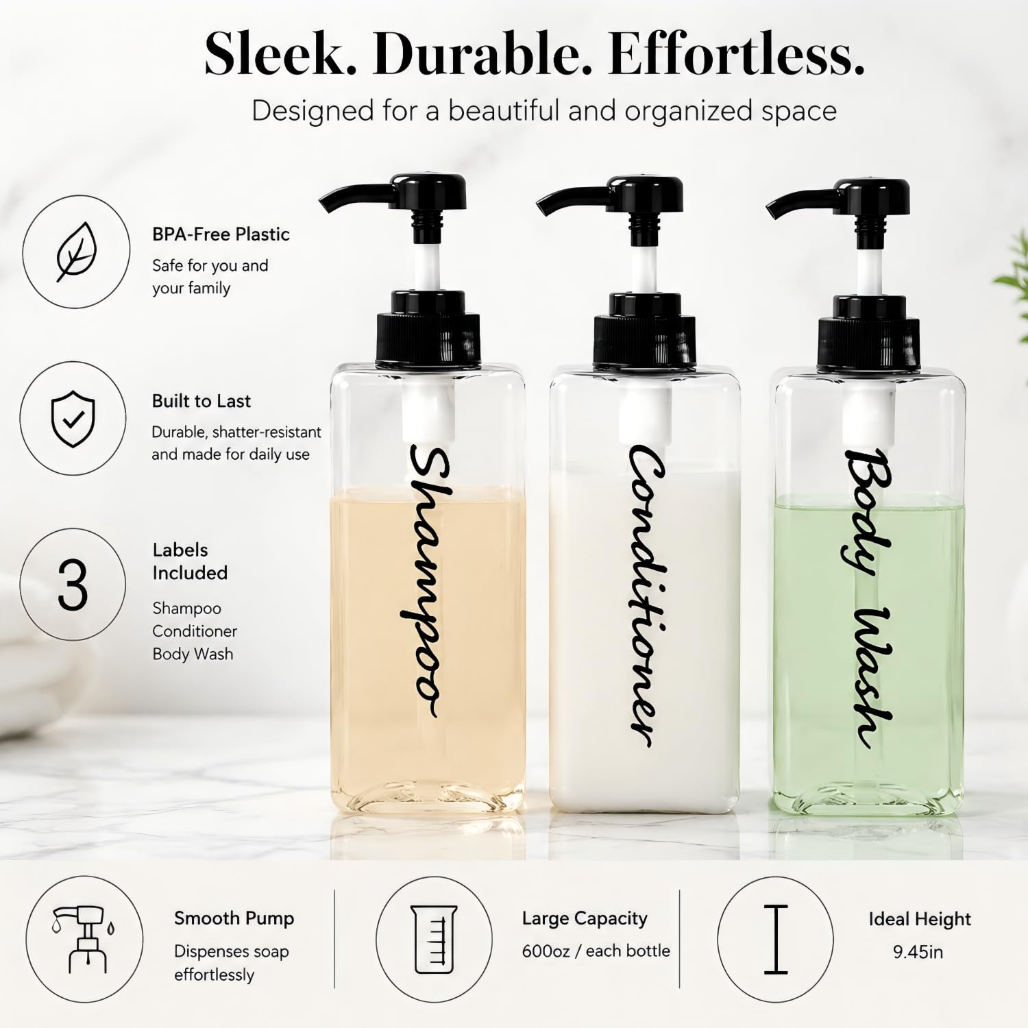 Dispensador de champú, botellas recargables de champú y acondicionador (transparente, juego de 3, 21 onzas) - Botellas de champú modernas para jabón de ducha - Dispensador de champú y acondicionador