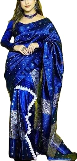 Women`S Assamese Mekhela Sador Paat Santal Panchi Lungi Parhar Fabric Of Soft Silk Traditional Design Saree - Blue