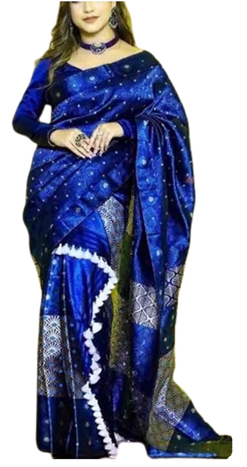 Women`S Assamese Mekhela Sador Paat Santal Panchi Lungi Parhar Fabric Of Soft Silk Traditional Design Saree - Blue