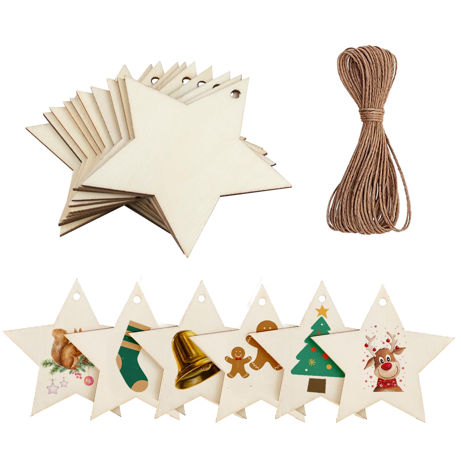 40 Piezas de Madera con Piezas de Estrellas Cortadas Madera de Navidad inacabada decoración de Estrellas preperforadas 40 Piezas de Cuerdas para niños para Tejer Joyas de Navidad