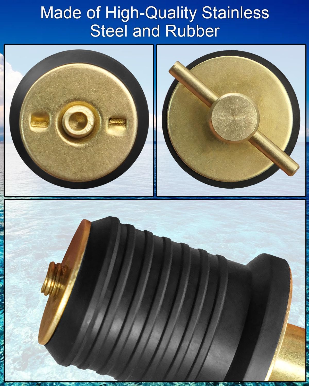 Brass T-Handle Drain Plug Fit for 1 Inch Diameter Drains, Marine Boat Accessories Drain Plug Twist and Seal Design, Snap Handle Rubber Drain Plug 4 Pack