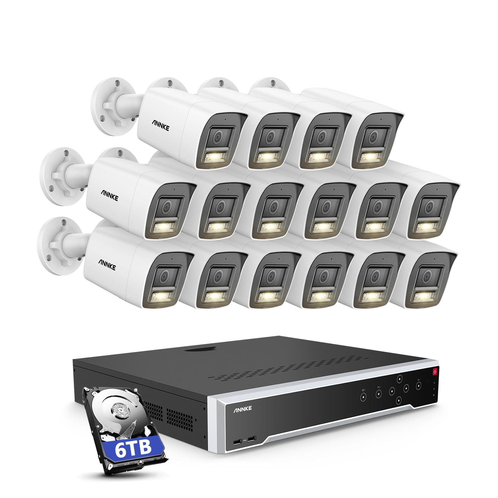 ANNKE 4K PoE Security Camera System, 16 Ports 32 Channel H.265+ 12MP NVR with AI Human Vehicle & 1CH Face Detection, 16X 8MP IP Bullet Cams Outdoor