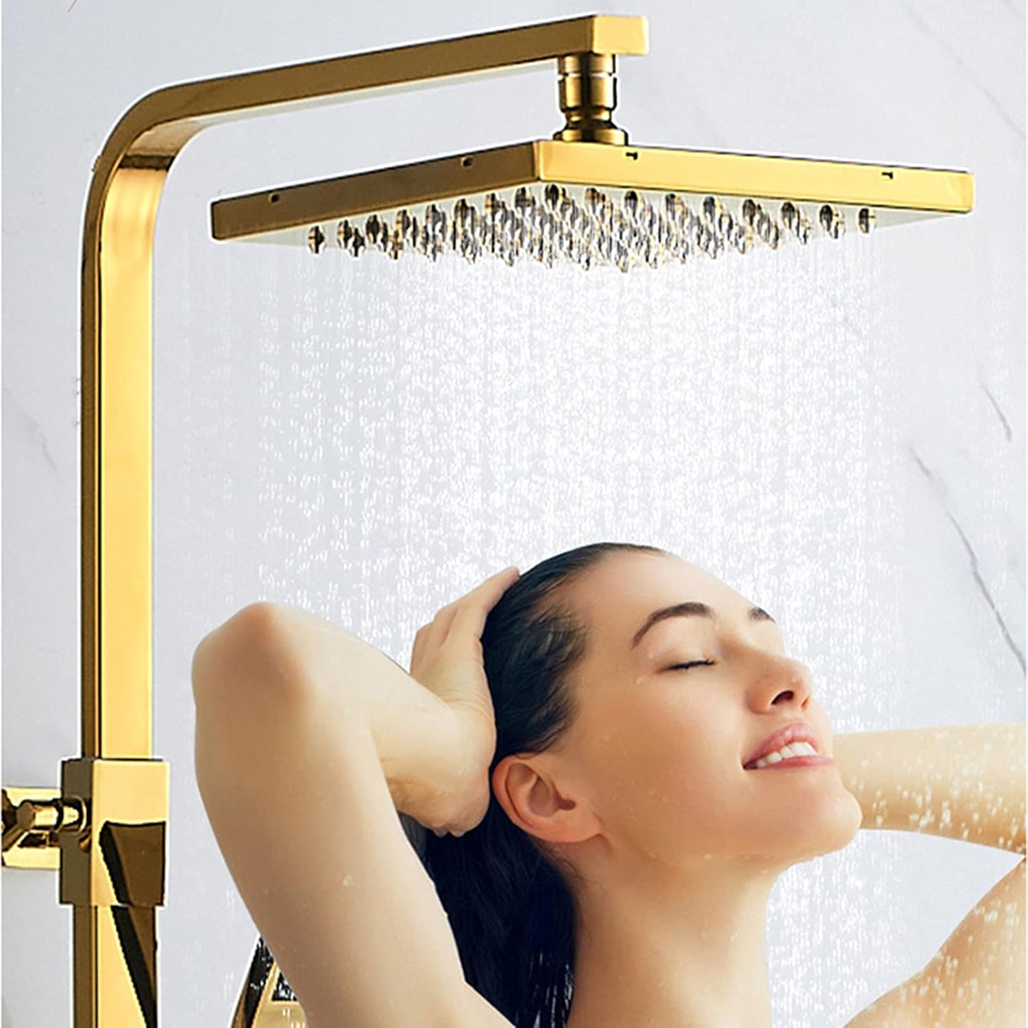 Thermostatic Shower System Gold, Luxury Brass Bathroom Shower Faucet Set 4 Functions, Wall Mounted Bathtub Shower Mixer Tap