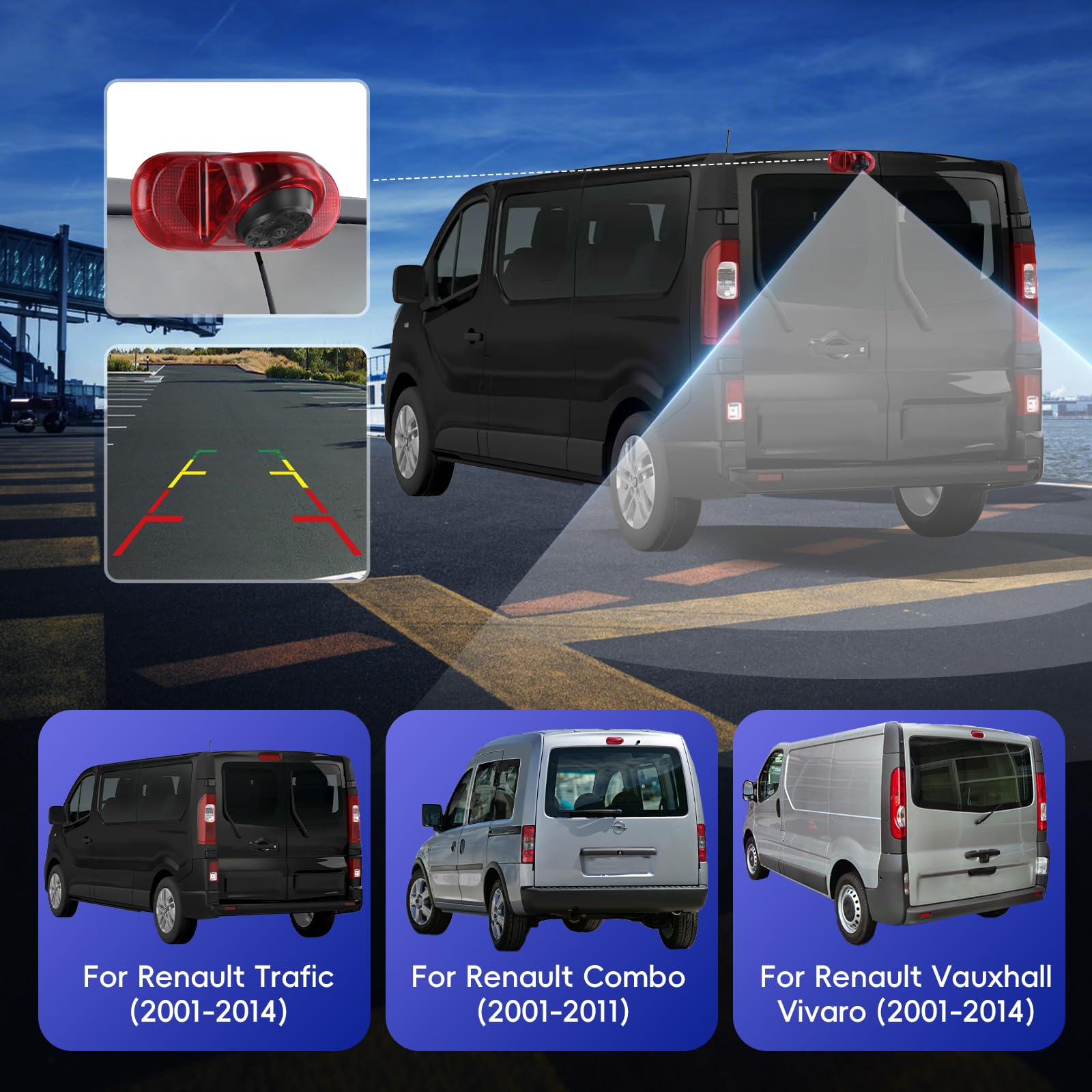 CAMECHO Cámara Trasera con luz de Freno HD con Visión Nocturna IP67 Resistente al agua para Renault Trafic Combo Renault Trafic y Vauxhall Vivaro 2001-2014, luz de freno con gran angular de 140°, 12 V
